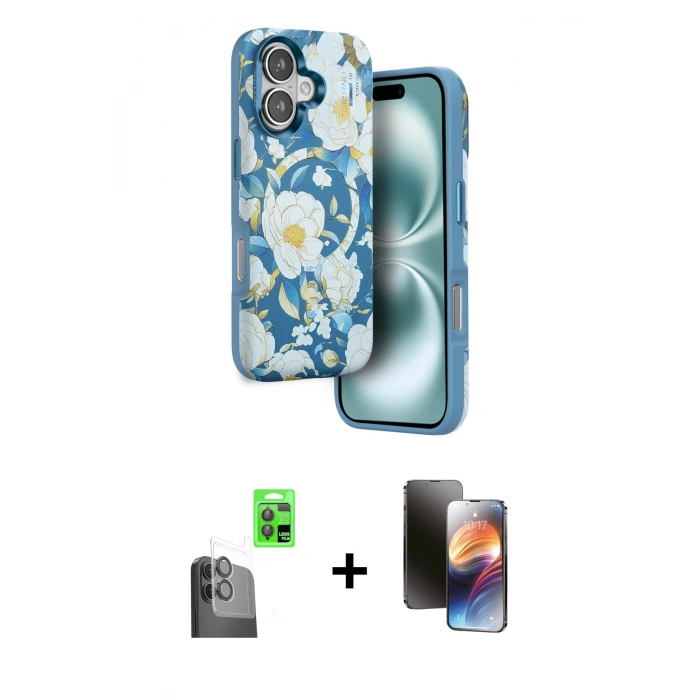 MARSİLYAN™- iPhone 16 Kılıf Siluet Doku - Siyah 3D Antistatik Mat Seramik Nano Ekran Koruyucu + Raze Metal Kamera Lens - SH