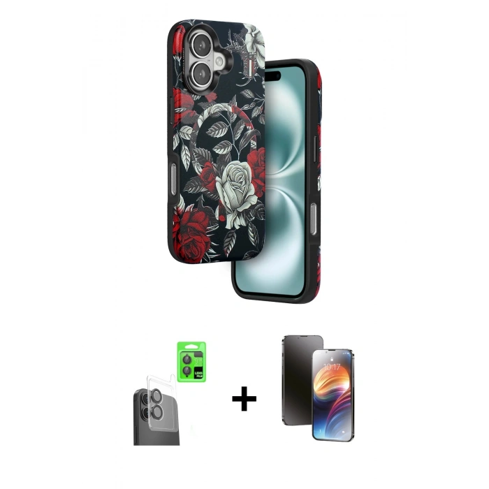 MARSİLYAN™- iPhone 16 Kılıf Siluet Doku - Siyah 3D Antistatik Mat Seramik Nano Ekran Koruyucu + Raze Metal Kamera Lens - SH