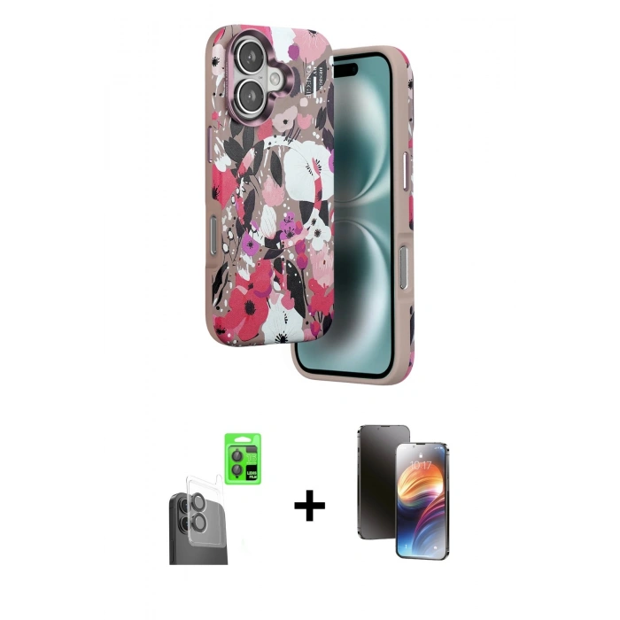 MARSİLYAN™- iPhone 16 Kılıf Siluet Doku - Siyah 3D Antistatik Mat Seramik Nano Ekran Koruyucu + Raze Metal Kamera Lens - SH