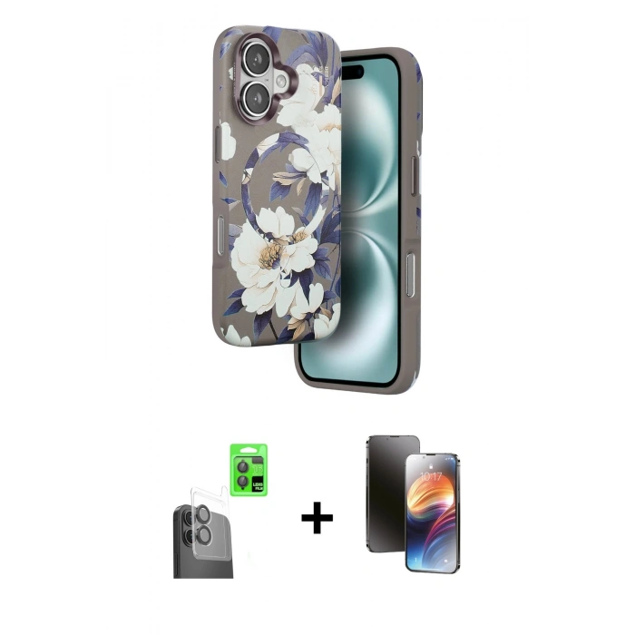 MARSİLYAN™- iPhone 16 Kılıf Siluet Doku - Siyah 3D Antistatik Mat Seramik Nano Ekran Koruyucu + Raze Metal Kamera Lens - SH