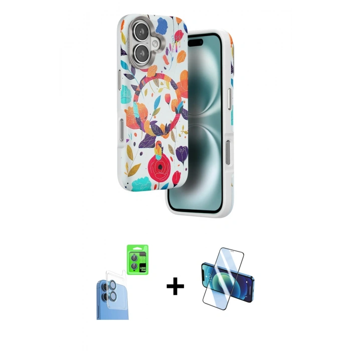 MARSİLYAN™- iPhone 16 Kılıf Siluet Doku - Siyah 3D Antistatik Seramik Nano Ekran Koruyucu + Raze Metal Kamera Lens - LT