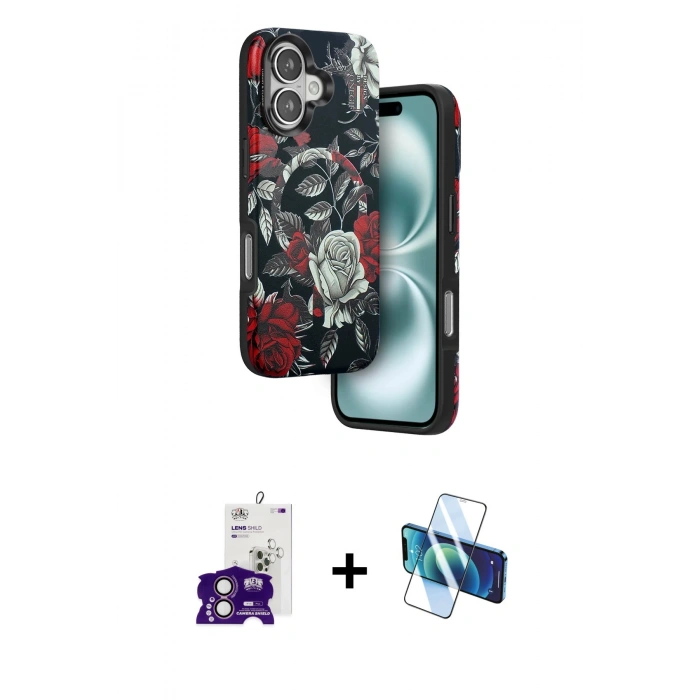 MARSİLYAN™- iPhone 16 Kılıf Siluet Doku - Siyah 3D Antistatik Seramik Nano Ekran Koruyucu + Bilvis Titan Kamera Lens - PE