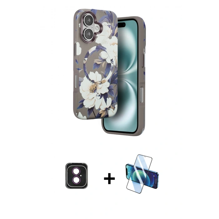 MARSİLYAN™- iPhone 16 Kılıf Siluet Doku - Siyah 3D Antistatik Seramik Nano Ekran Koruyucu + PVD Metal Kamera Lens - PE