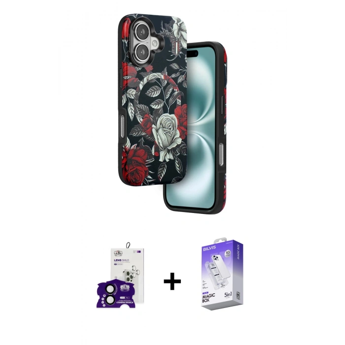 MARSİLYAN™- iPhone 16 Kılıf Siluet Doku - Siyah Bilvis 5in1 3D Magic Cam Ekran Koruyucu + Bilvis Titan Kamera Lens - SH
