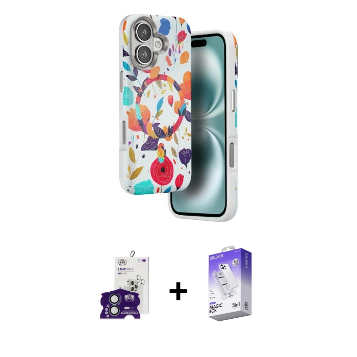 MARSİLYAN™- iPhone 16 Kılıf Siluet Doku - Siyah Bilvis 5in1 3D Magic Cam Ekran Koruyucu + Bilvis Titan Kamera Lens - YL