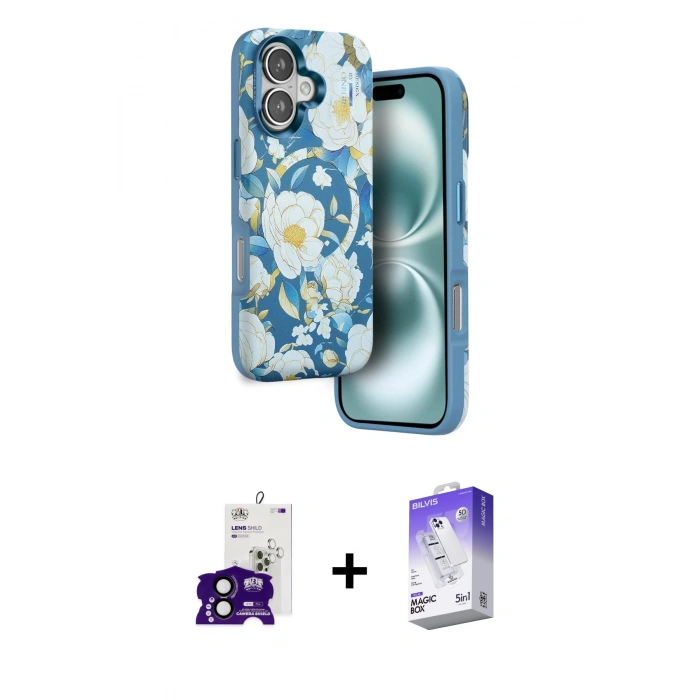 MARSİLYAN™- iPhone 16 Kılıf Siluet Doku - Siyah Bilvis 5in1 3D Magic Cam Ekran Koruyucu + Bilvis Titan Kamera Lens - SH