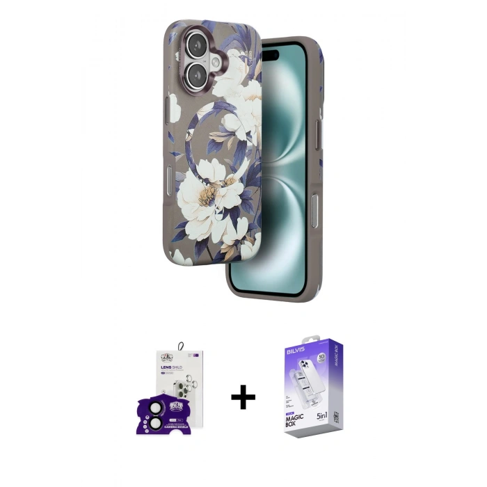 MARSİLYAN™- iPhone 16 Kılıf Siluet Doku - Siyah Bilvis 5in1 3D Magic Cam Ekran Koruyucu + Bilvis Titan Kamera Lens - SH