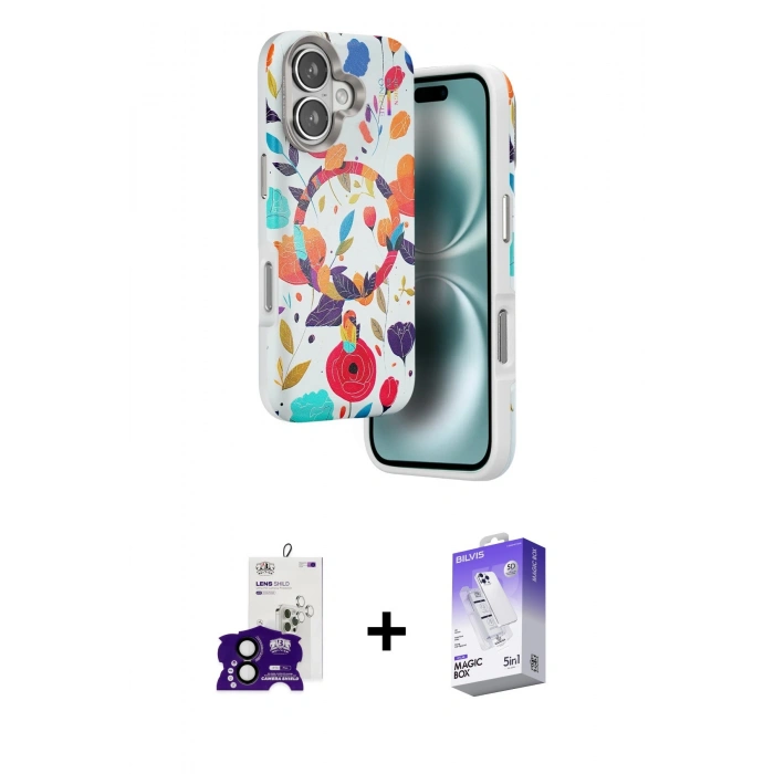 MARSİLYAN™- iPhone 16 Kılıf Siluet Doku - Siyah Bilvis 5in1 3D Magic Cam Ekran Koruyucu + Bilvis Titan Kamera Lens - SH