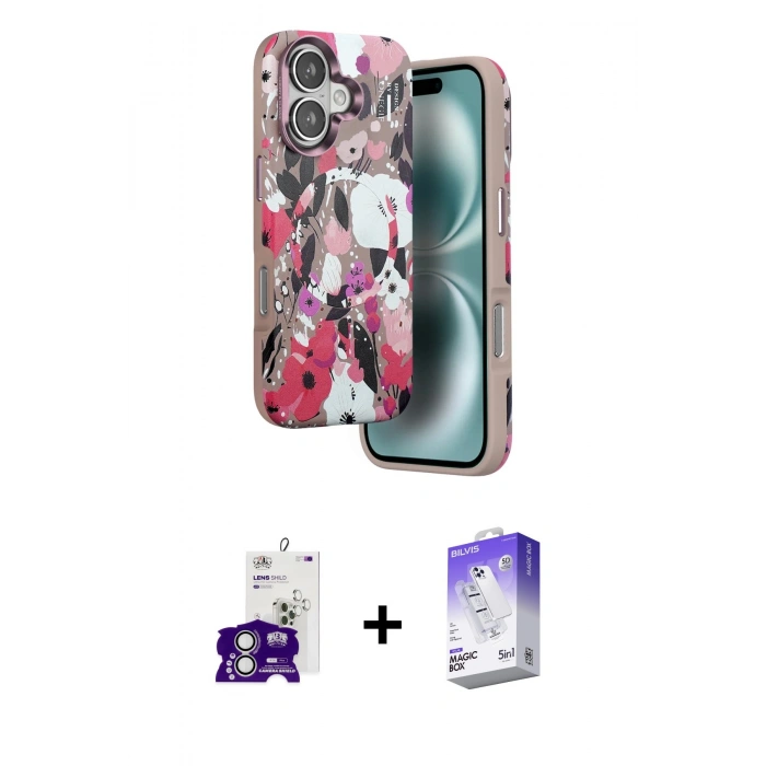 MARSİLYAN™- iPhone 16 Kılıf Siluet Doku - Siyah Bilvis 5in1 3D Magic Cam Ekran Koruyucu + Bilvis Titan Kamera Lens - GS