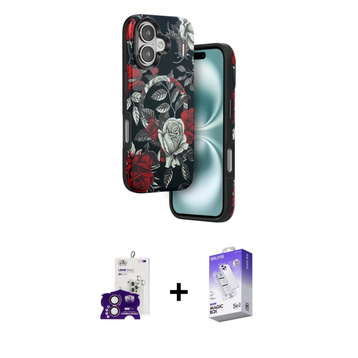 MARSİLYAN™- iPhone 16 Kılıf Siluet Doku - Siyah Bilvis 5in1 3D Magic Cam Ekran Koruyucu + Pembe Bilvis Titan Kamera Lens