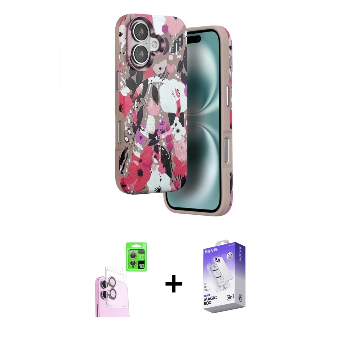 MARSİLYAN™- iPhone 16 Kılıf Siluet Doku - Siyah Bilvis 5in1 3D Magic Cam Ekran Koruyucu + Raze Metal Kamera Lens - PE