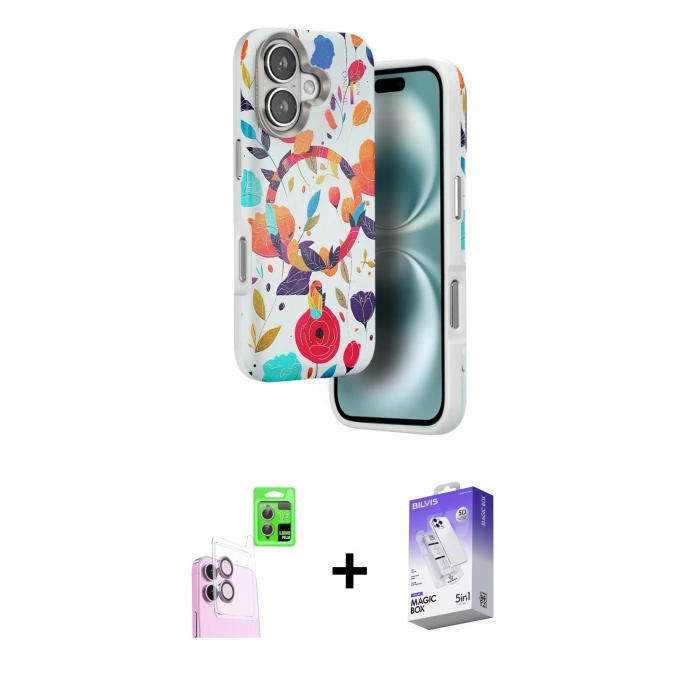 MARSİLYAN™- iPhone 16 Kılıf Siluet Doku - Siyah Bilvis 5in1 3D Magic Cam Ekran Koruyucu + Raze Metal Kamera Lens - PE