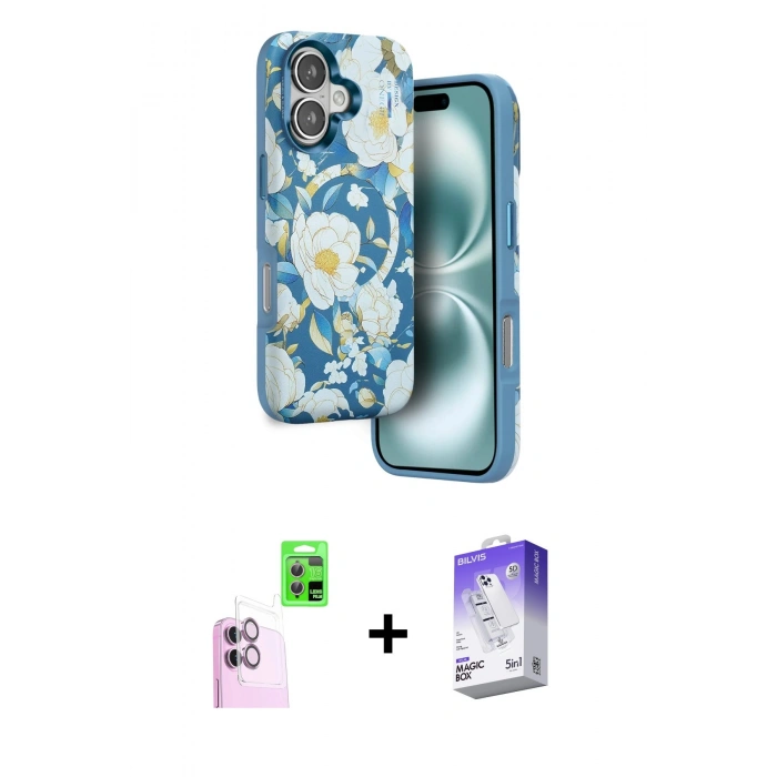 MARSİLYAN™- iPhone 16 Kılıf Siluet Doku - Siyah Bilvis 5in1 3D Magic Cam Ekran Koruyucu + Raze Metal Kamera Lens - PE