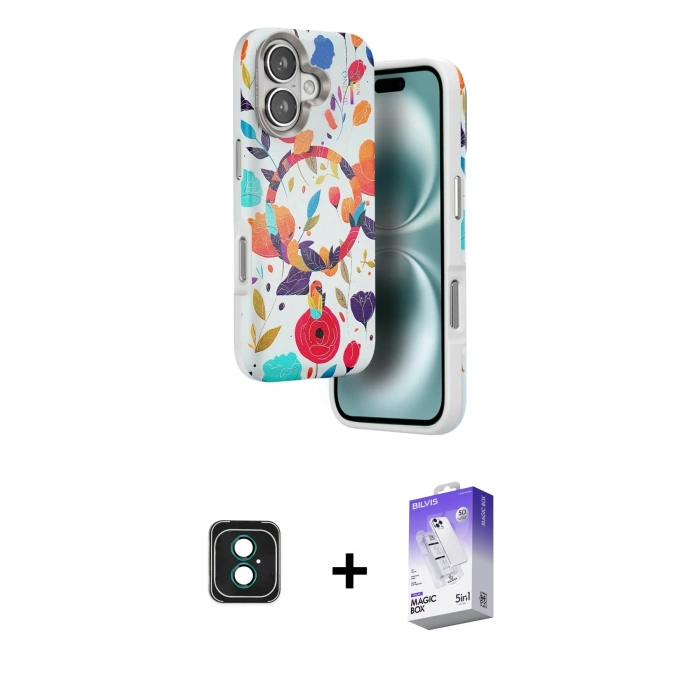 MARSİLYAN™- iPhone 16 Kılıf Siluet Doku - Siyah Bilvis 5in1 3D Magic Cam Ekran Koruyucu + PVD Metal Kamera Lens - YL