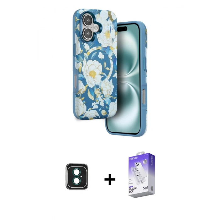 MARSİLYAN™- iPhone 16 Kılıf Siluet Doku - Siyah Bilvis 5in1 3D Magic Cam Ekran Koruyucu + PVD Metal Kamera Lens - YL