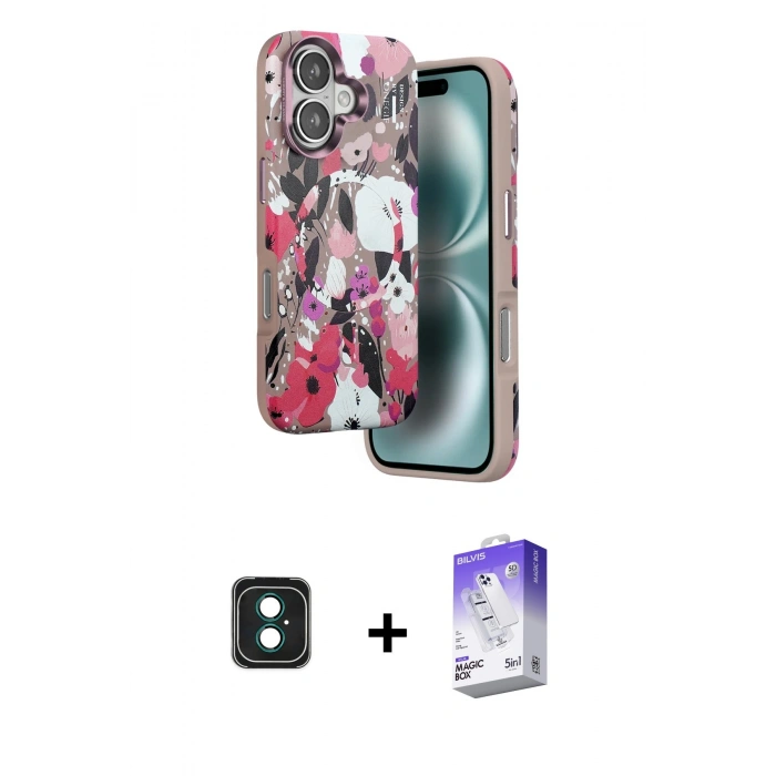 MARSİLYAN™- iPhone 16 Kılıf Siluet Doku - Siyah Bilvis 5in1 3D Magic Cam Ekran Koruyucu + PVD Metal Kamera Lens - YL