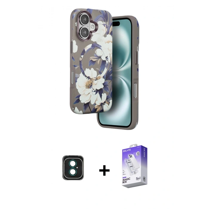 MARSİLYAN™- iPhone 16 Kılıf Siluet Doku - Siyah Bilvis 5in1 3D Magic Cam Ekran Koruyucu + PVD Metal Kamera Lens - YL