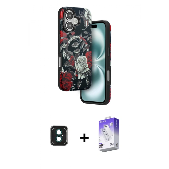 MARSİLYAN™- iPhone 16 Kılıf Siluet Doku - Siyah Bilvis 5in1 3D Magic Cam Ekran Koruyucu + PVD Metal Kamera Lens - YL