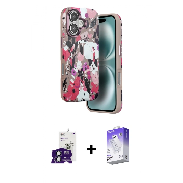MARSİLYAN™- iPhone 16 Kılıf Siluet Doku - Siyah Bilvis 5in1 3D Magic Cam Ekran Koruyucu + Bilvis Titan Kamera Lens - YL
