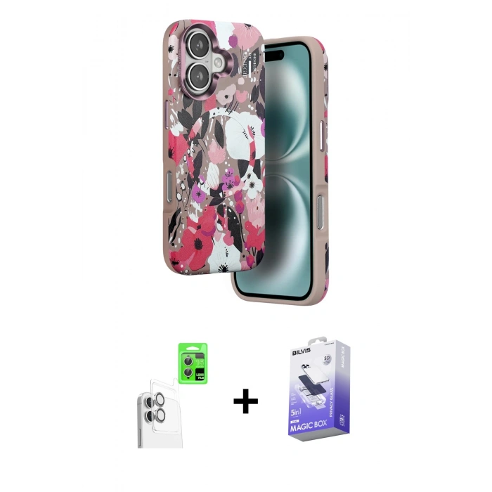 MARSİLYAN™- iPhone 16 Kılıf Siluet Doku - Siyah Bilvis 5in1 5D Magic Hayalet Cam Ekran Koruyucu + Raze Metal Kamera Lens - BZ