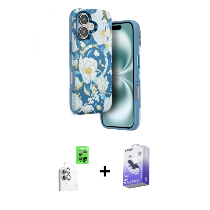 MARSİLYAN™- iPhone 16 Kılıf Siluet Doku - Siyah Bilvis 5in1 5D Magic Hayalet Cam Ekran Koruyucu + Raze Metal Kamera Lens - BZ