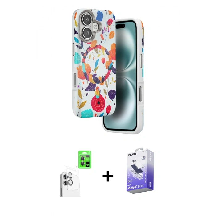 MARSİLYAN™- iPhone 16 Kılıf Siluet Doku - Siyah Bilvis 5in1 5D Magic Hayalet Cam Ekran Koruyucu + Raze Metal Kamera Lens - BZ