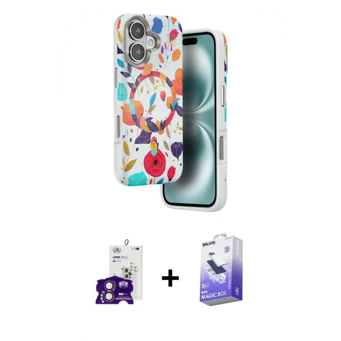 MARSİLYAN™- iPhone 16 Kılıf Siluet Doku - Siyah Bilvis 5in1 5D Magic Hayalet Cam Ekran Koruyucu + Bilvis Titan Kamera Lens - PE