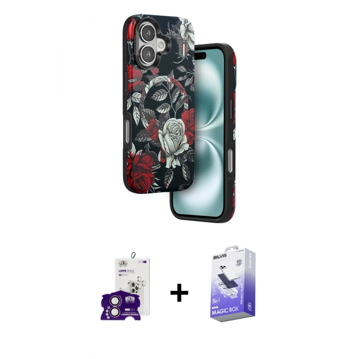 MARSİLYAN™- iPhone 16 Kılıf Siluet Doku - Siyah Bilvis 5in1 5D Magic Hayalet Cam Ekran Koruyucu + Bilvis Titan Kamera Lens - PE