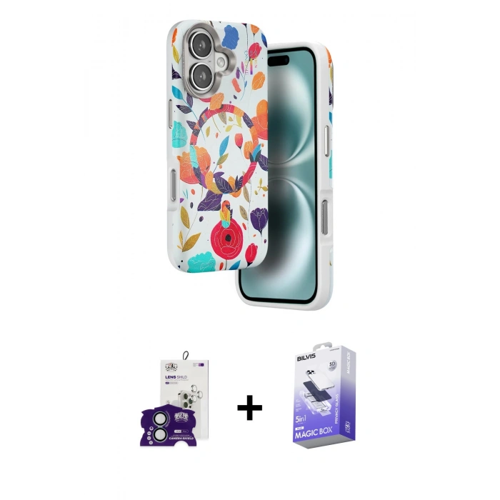MARSİLYAN™- iPhone 16 Kılıf Siluet Doku - Siyah Bilvis 5in1 5D Magic Hayalet Cam Ekran Koruyucu + Bilvis Titan Kamera Lens - YL