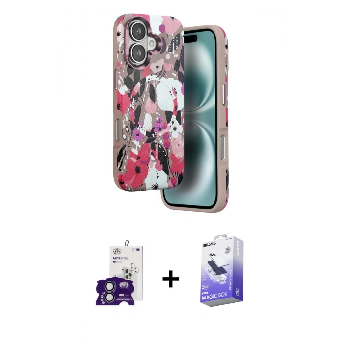 MARSİLYAN™- iPhone 16 Kılıf Siluet Doku - Siyah Bilvis 5in1 5D Magic Hayalet Cam Ekran Koruyucu + Bilvis Titan Kamera Lens - YL