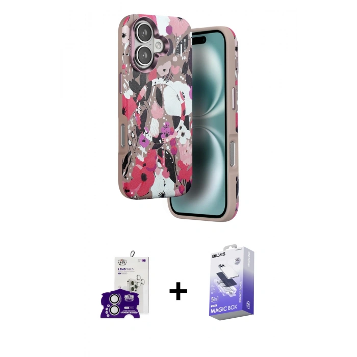 MARSİLYAN™- iPhone 16 Kılıf Siluet Doku - Siyah Bilvis 5in1 5D Magic Hayalet Cam Ekran Koruyucu + Gümüş Bilvis Titan Kamera Lens