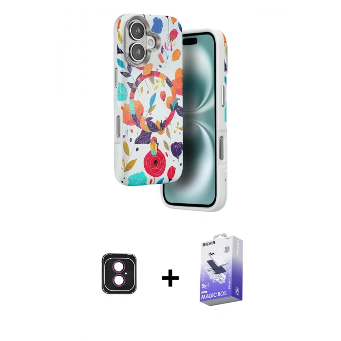 MARSİLYAN™- iPhone 16 Kılıf Siluet Doku - Siyah Bilvis 5in1 5D Magic Hayalet Cam Ekran Koruyucu + PVD Metal Kamera Lens - PE