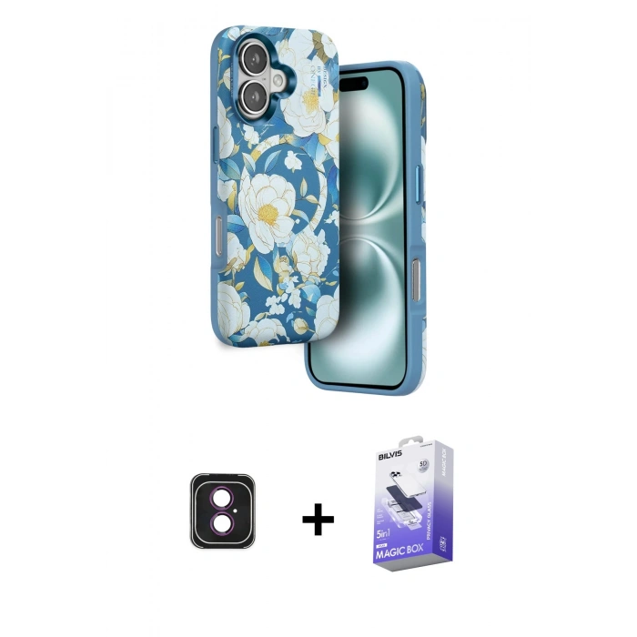 MARSİLYAN™- iPhone 16 Kılıf Siluet Doku - Siyah Bilvis 5in1 5D Magic Hayalet Cam Ekran Koruyucu + PVD Metal Kamera Lens - PE