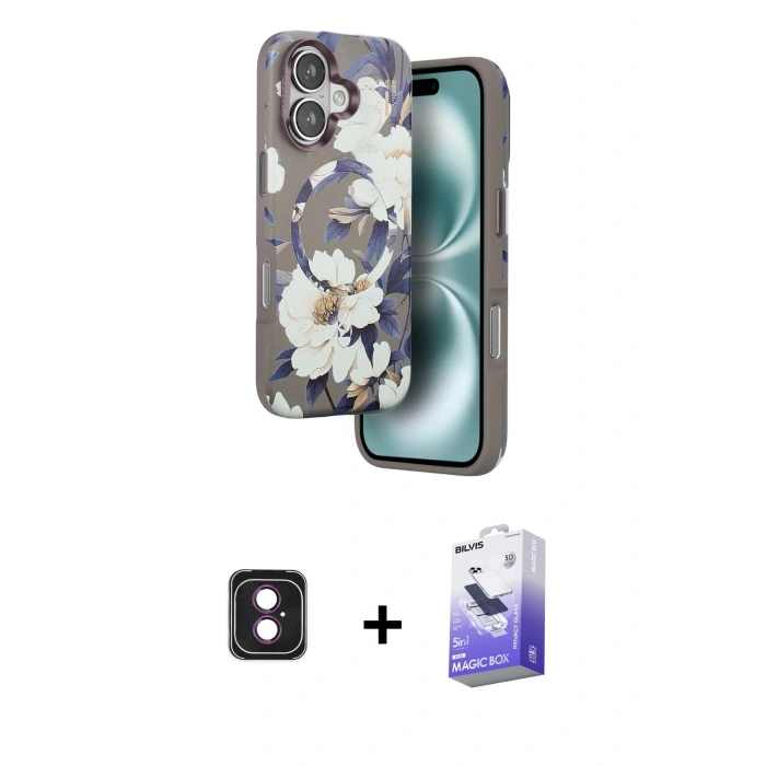 MARSİLYAN™- iPhone 16 Kılıf Siluet Doku - Siyah Bilvis 5in1 5D Magic Hayalet Cam Ekran Koruyucu + PVD Metal Kamera Lens - PE