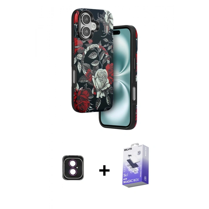MARSİLYAN™- iPhone 16 Kılıf Siluet Doku - Siyah Bilvis 5in1 5D Magic Hayalet Cam Ekran Koruyucu + PVD Metal Kamera Lens - PE