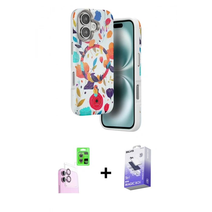 MARSİLYAN™- iPhone 16 Kılıf Siluet Doku - Siyah Bilvis 5in1 5D Magic Hayalet Cam Ekran Koruyucu + Raze Metal Kamera Lens - PE