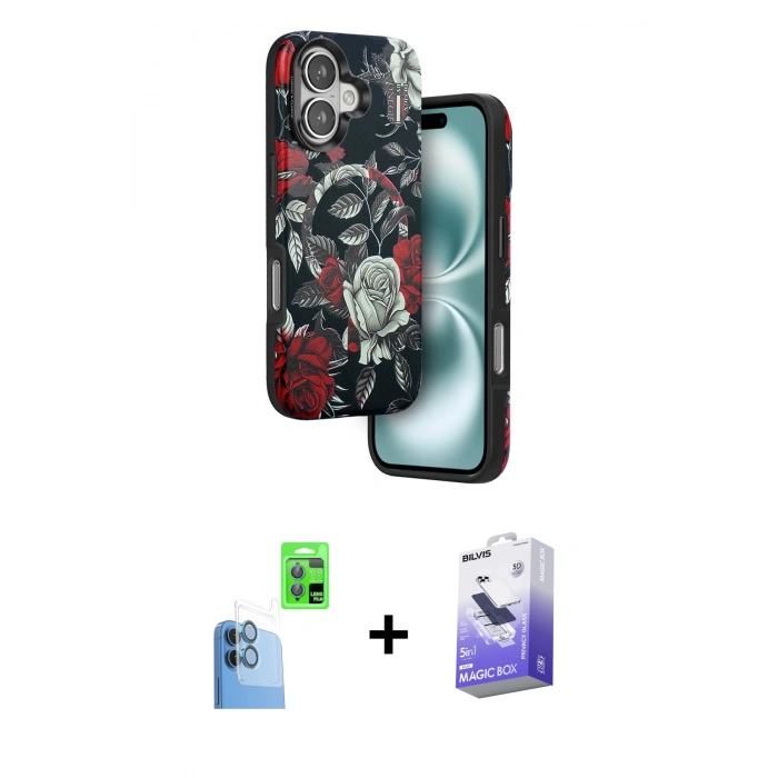 MARSİLYAN™- iPhone 16 Kılıf Siluet Doku - Siyah Bilvis 5in1 5D Magic Hayalet Cam Ekran Koruyucu + Raze Metal Kamera Lens - LT