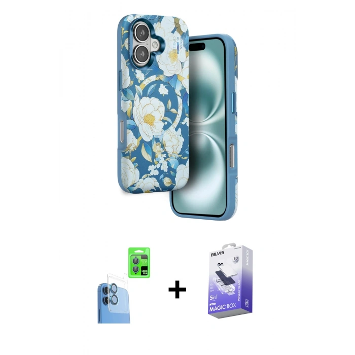 MARSİLYAN™- iPhone 16 Kılıf Siluet Doku - Siyah Bilvis 5in1 5D Magic Hayalet Cam Ekran Koruyucu + Raze Metal Kamera Lens - LT