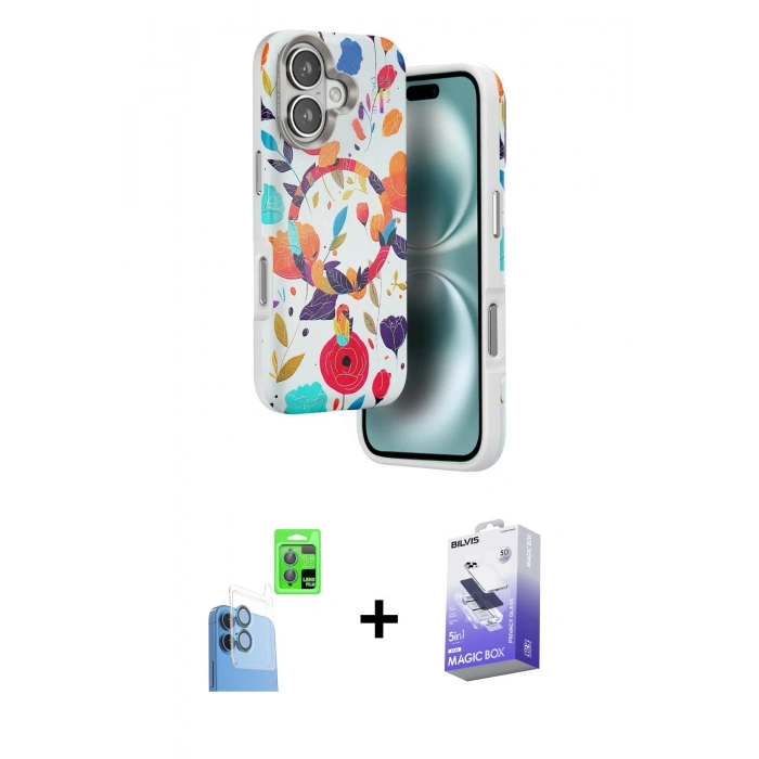 MARSİLYAN™- iPhone 16 Kılıf Siluet Doku - Siyah Bilvis 5in1 5D Magic Hayalet Cam Ekran Koruyucu + Raze Metal Kamera Lens - LT