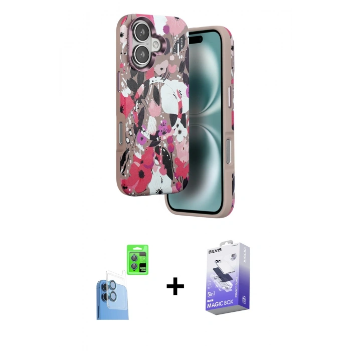 MARSİLYAN™- iPhone 16 Kılıf Siluet Doku - Siyah Bilvis 5in1 5D Magic Hayalet Cam Ekran Koruyucu + Raze Metal Kamera Lens - LT