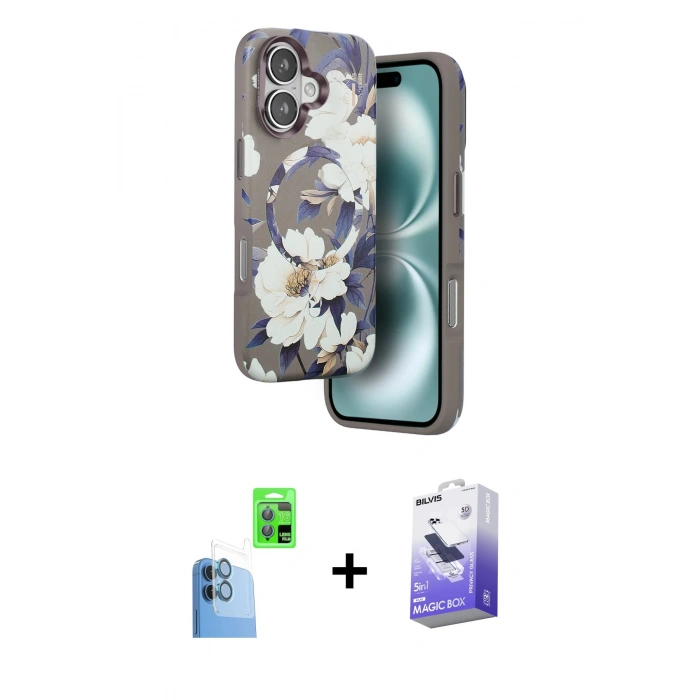 MARSİLYAN™- iPhone 16 Kılıf Siluet Doku - Siyah Bilvis 5in1 5D Magic Hayalet Cam Ekran Koruyucu + Raze Metal Kamera Lens - LT