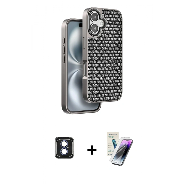 MARSİLYAN™- iPhone 16 Kılıf Siluet Form Serisi - Şeffaf Pasifik Cam Ekran Koruyucu + PVD Metal Kamera Lens - MI