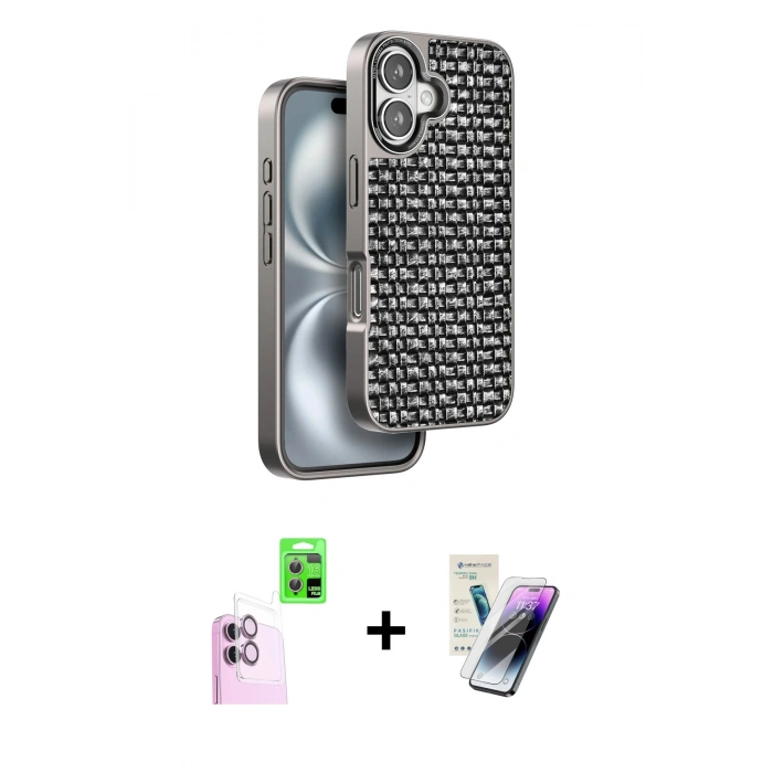MARSİLYAN™- iPhone 16 Kılıf Siluet Form Serisi - Şeffaf Pasifik Cam Ekran Koruyucu + Raze Metal Kamera Lens - PE