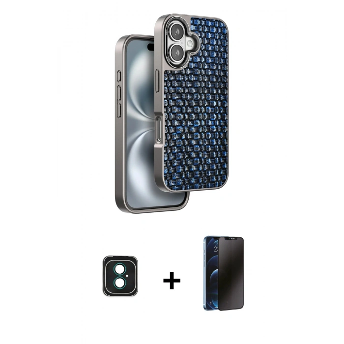 MARSİLYAN™- iPhone 16 Kılıf Siluet Form Serisi - Siyah 3D Antistatik Hayalet Cam Ekran Koruyucu + PVD Metal Kamera Lens - YL
