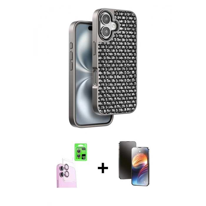 MARSİLYAN™- iPhone 16 Kılıf Siluet Form Serisi - Siyah 3D Antistatik Mat Seramik Nano Ekran Koruyucu + Raze Metal Kamera Lens - PE