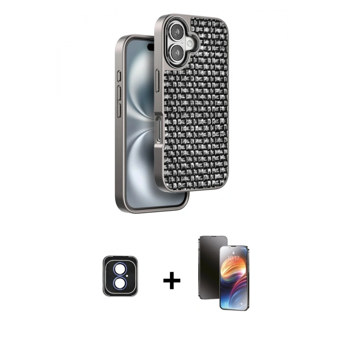 MARSİLYAN™- iPhone 16 Kılıf Siluet Form Serisi - Siyah 3D Antistatik Mat Seramik Nano Ekran Koruyucu + PVD Metal Kamera Lens - MI