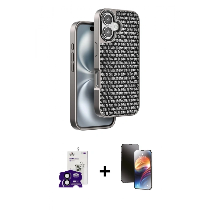MARSİLYAN™- iPhone 16 Kılıf Siluet Form Serisi - Siyah 3D Antistatik Mat Seramik Nano Ekran Koruyucu + Siyah Bilvis Titan Kamera Lens