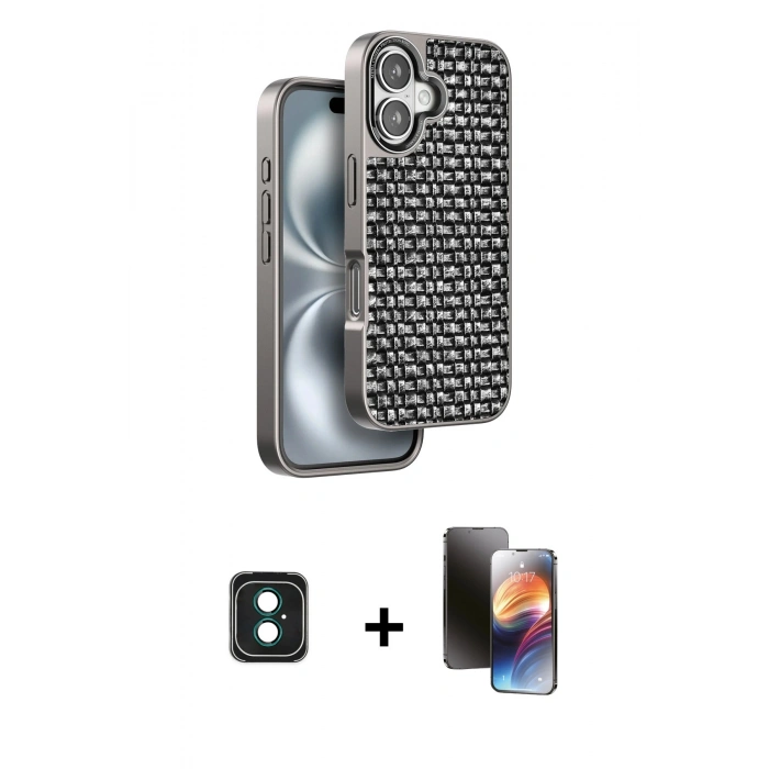 MARSİLYAN™- iPhone 16 Kılıf Siluet Form Serisi - Siyah 3D Antistatik Mat Seramik Nano Ekran Koruyucu + PVD Metal Kamera Lens - YL