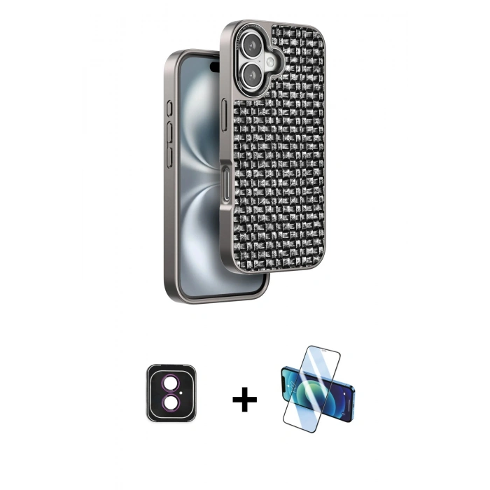 MARSİLYAN™- iPhone 16 Kılıf Siluet Form Serisi - Siyah 3D Antistatik Seramik Nano Ekran Koruyucu + PVD Metal Kamera Lens - PE