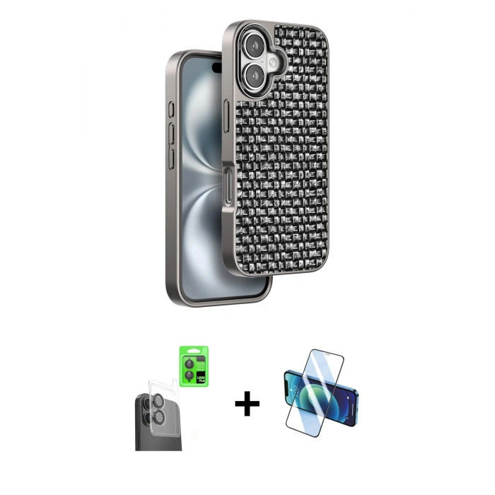 MARSİLYAN™- iPhone 16 Kılıf Siluet Form Serisi - Siyah 3D Antistatik Seramik Nano Ekran Koruyucu + Raze Metal Kamera Lens - SH